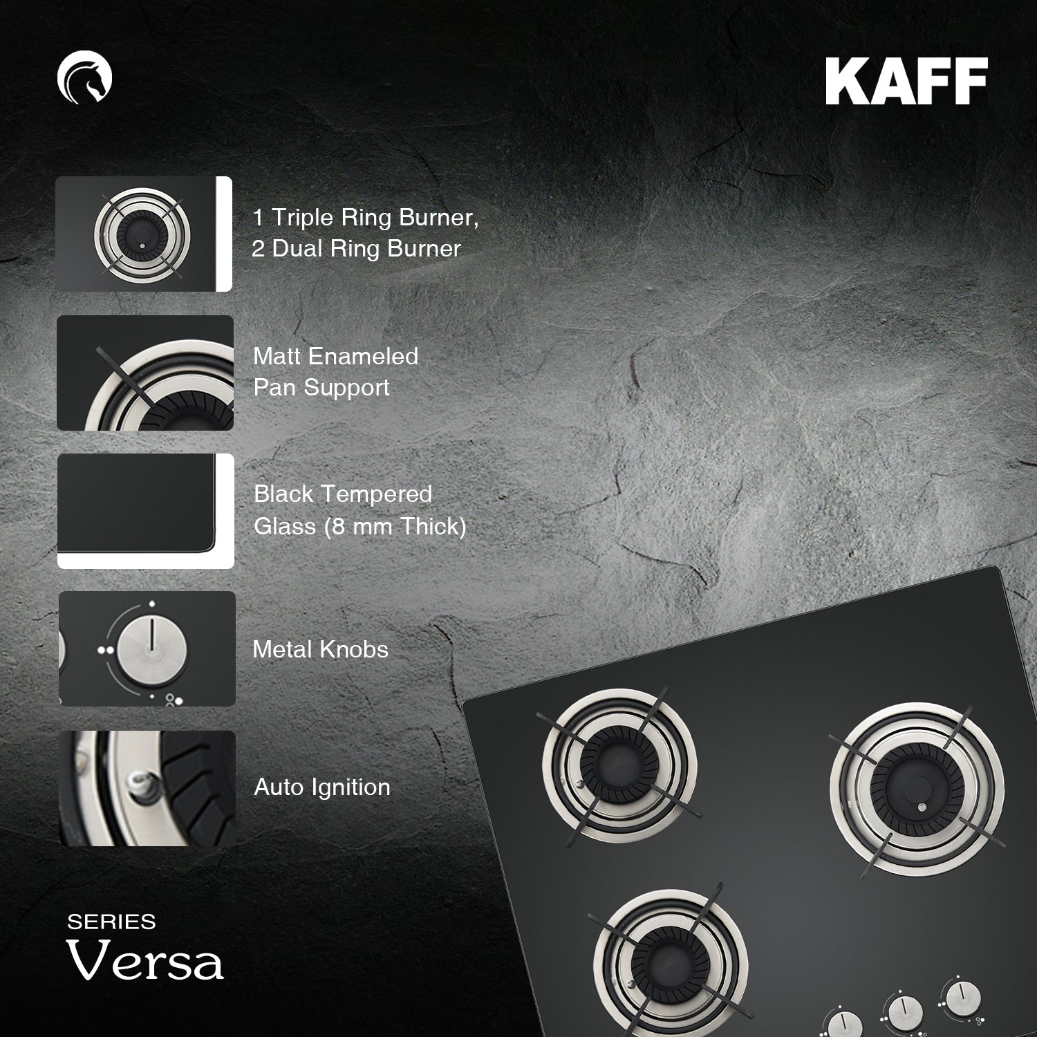 Kaff 60 cm Wall Mounted Chimney Filterless Series MAINZ DHC 60 + Kaff 60 cm 3 Burner Hob Crista CRH 603