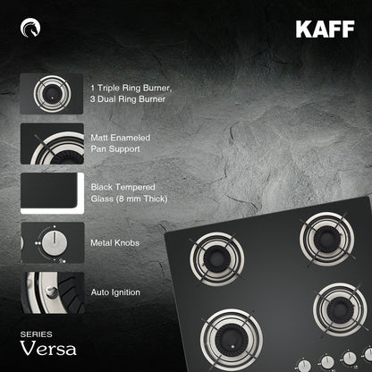 Kaff 60 cm Wall Mounted Chimney Filterless Series ASHPRO DHC 60 + Kaff 60 cm 4 Burner Hob Crista CRH 604