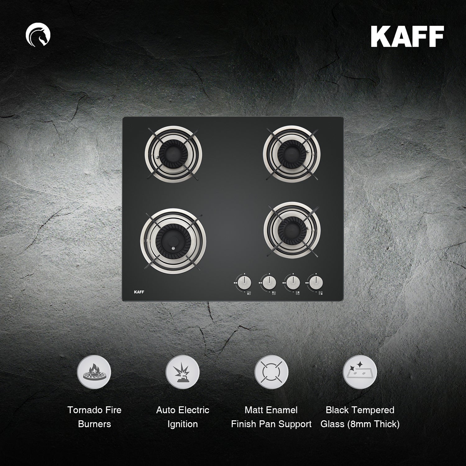 Kaff 60 cm Wall Mounted Chimney Filterless Series ASHPRO DHC 60 + Kaff 60 cm 4 Burner Hob Crista CRH 604