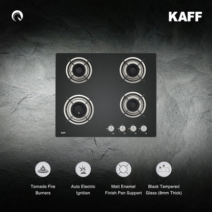 Kaff 60 cm Wall Mounted Chimney Filterless Series ASHPRO DHC 60 + Kaff 60 cm 4 Burner Hob Crista CRH 604