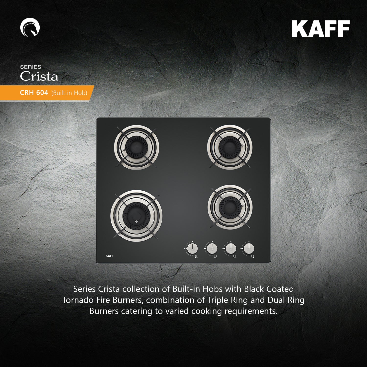 Kaff 60 cm Wall Mounted Chimney Filterless Series ASHPRO DHC 60 + Kaff 60 cm 4 Burner Hob Crista CRH 604