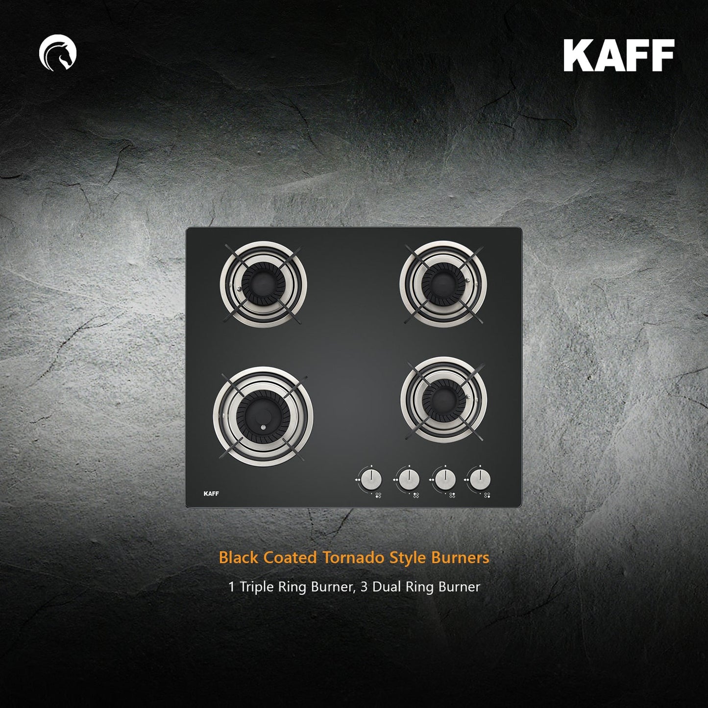 Kaff 60 cm Wall Mounted Chimney Filterless Series ASHPRO DHC 60 + Kaff 60 cm 4 Burner Hob Crista CRH 604