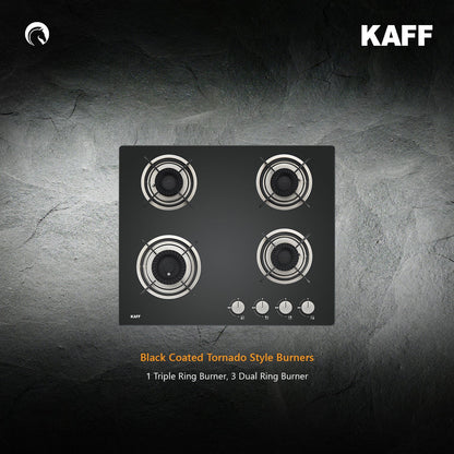 Kaff 60 cm Wall Mounted Chimney Filterless Series ASHPRO DHC 60 + Kaff 60 cm 4 Burner Hob Crista CRH 604