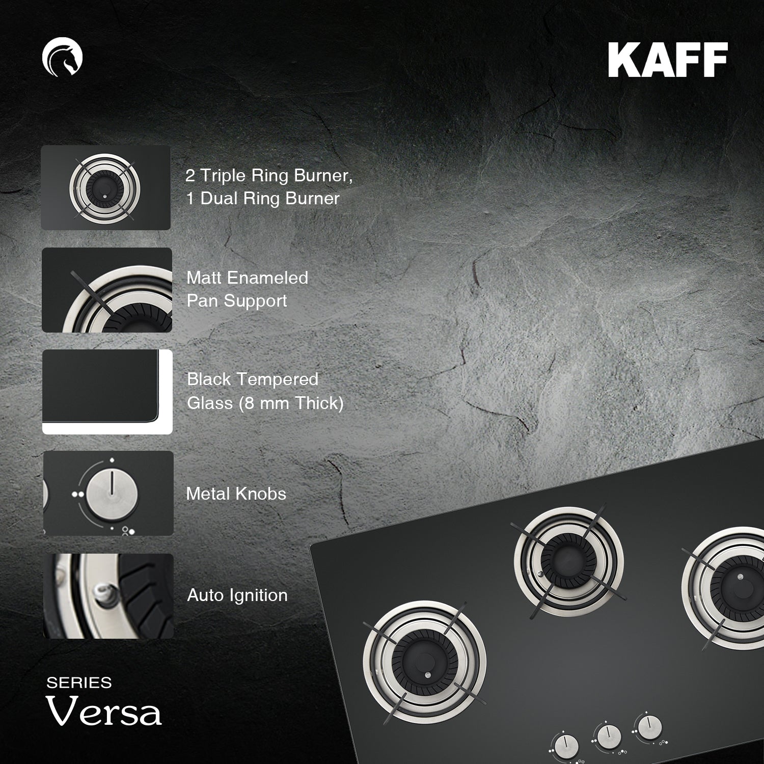 Kaff 75 cm Wall Mounted Chimney Filterless Series ASHPRO DHC 75 + Kaff 78 cm 3 Burner Hob Crista CRH 783
