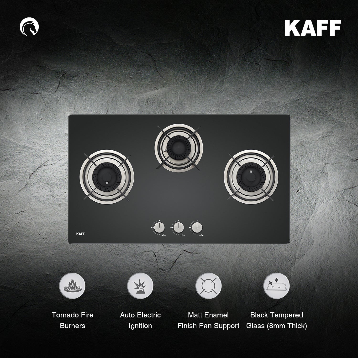 Kaff 75 cm Wall Mounted Chimney Filterless Series ASHPRO DHC 75 + Kaff 78 cm 3 Burner Hob Crista CRH 783