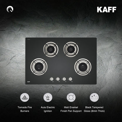 Kaff 75 cm Wall Mounted Chimney Filterless Series ASHPRO DHC 75 + Kaff 80 cm 4 Burner Hob Crista CRH 804