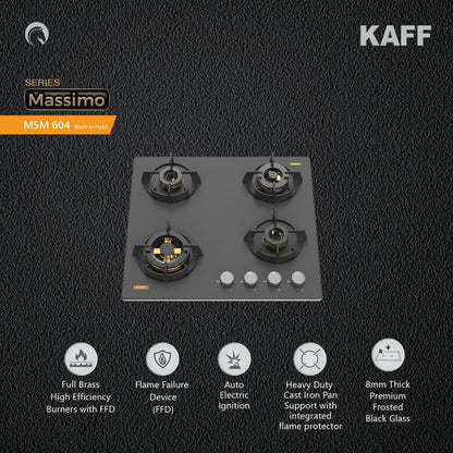 Kaff 60 cm Wall Mounted Chimney ALBURY SUPER 60 DC BLDC + Kaff 60 cm 4 Burner Hob Massimo MSM 604X