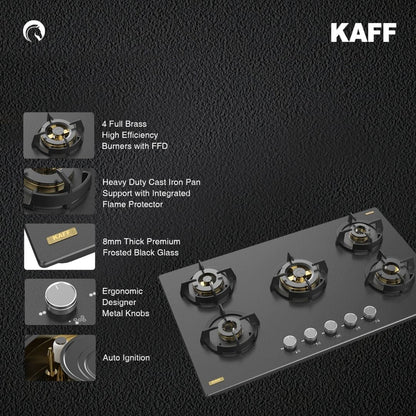 Kaff 90 cm Wall Mounted Chimney ALBURY SUPER 90 DC BLDC + Kaff 86 cm 5 Burner Hob Massimo MSM 865X