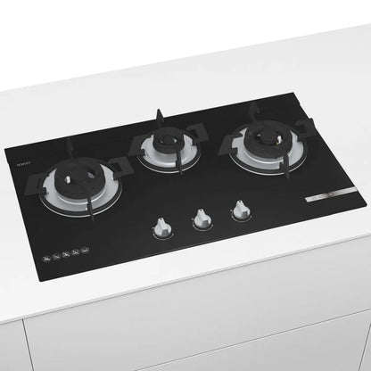 Bosch 90 cm Wall Mounted Chimney DWK98IJ60I + Bosch 70 cm 3 Burner Hob True Brass 3D Wheel PMD83D31NX