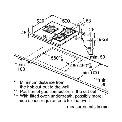 Bosch 60 cm Wall Mounted Chimney DWA68IJ60I + Bosch 60 cm 3 Burner Hob True Brass 2D PNC6B6F10I