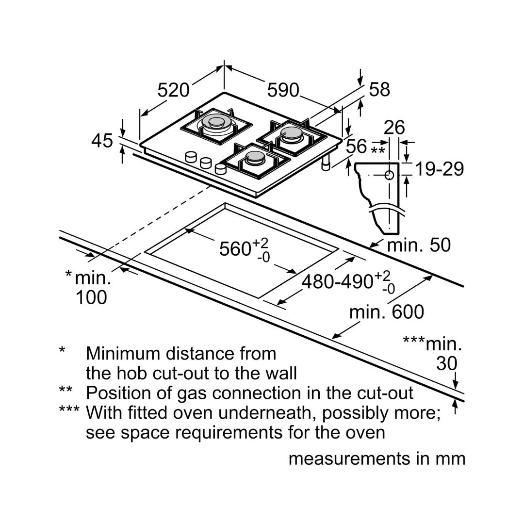 Bosch 60 cm Wall Mounted Chimney DWB68IJ60I + Bosch 60 cm 3 Burner Hob True Brass 2D PNC6B6F10I