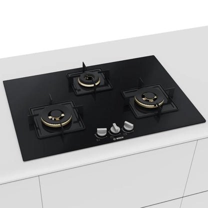 Bosch 90 cm Wall Mounted Chimney DWB98IJ60I + Bosch 75 cm 3 Burner Hob True Brass 2D PND7B6F10I