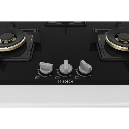 Bosch 90 cm Wall Mounted Chimney DWK98IJ60I + Bosch 75 cm 3 Burner Hob True Brass 2D PND7B6F10I