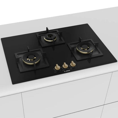 Bosch 90 cm Wall Mounted Chimney DWB98IJ60I + Bosch 75 cm 3 Burner Hob True Brass 2D PND7B6F20I
