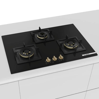 Bosch Built In Oven HBF532BA0I + Bosch Built-In Microwave Series 4 BEL553MS0I + Bosch 90 cm Wall Mounted Chimney Self Clean Series DWKA98G60I + Bosch 75 cm 3 Burner Hob True Brass 3D PND7B6G20I