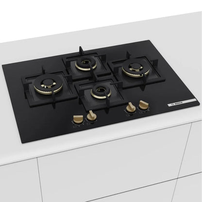 Bosch 90 cm Wall Mounted Chimney DWB98IJ60I + Bosch 75 cm 4 Burner Hob Series 6 True Brass 3D PNI7B6G20I