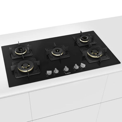 Bosch 90 cm Wall Mounted Chimney DWB98IJ60I + Bosch 90 cm 5 Burner Hob True Brass 2D PNV9B6F10I