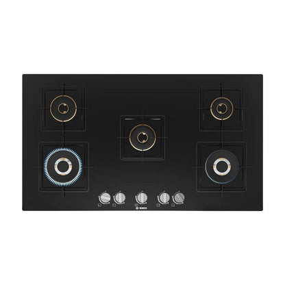 Bosch 90 cm Wall Mounted Chimney DWB98IJ60I + Bosch 90 cm 5 Burner Hob True Brass 2D PNV9B6F10I