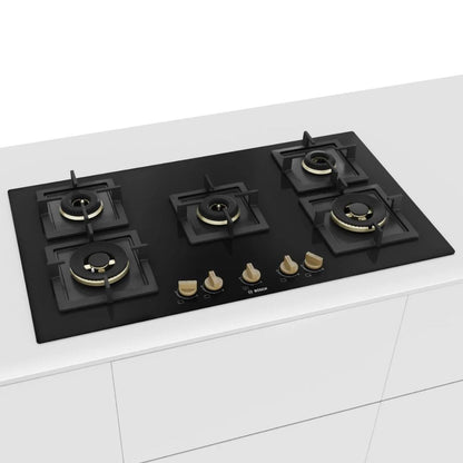 Bosch 90 cm Wall Mounted Chimney DWB98IJ60I + Bosch 90 cm 5 Burner Hob True Brass 2D PNV9B6F20I