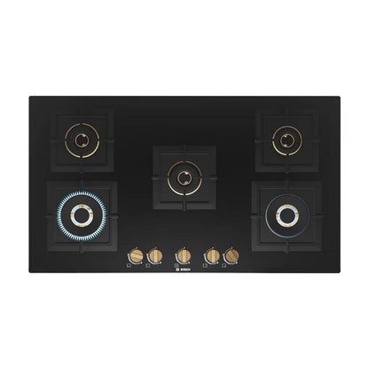 Bosch 90 cm Wall Mounted Chimney DWK98IJ60I + Bosch 90 cm 5 Burner Hob True Brass 2D PNV9B6F20I