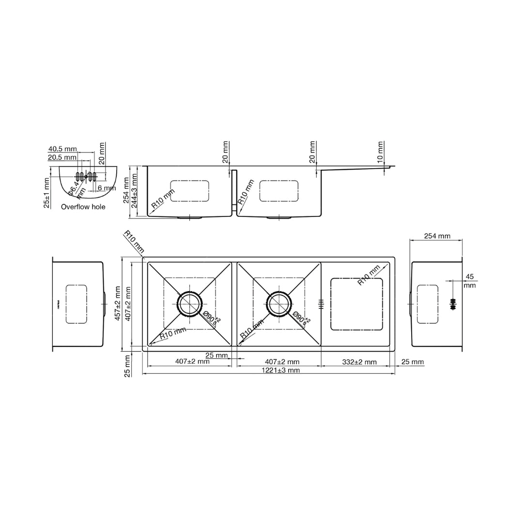 Hafele Stainless Steel Sink Argento DOUBLE BOWL WITH DRAIN BOARD RUBY R4818 ( 48 x 18 inches ) - Satin