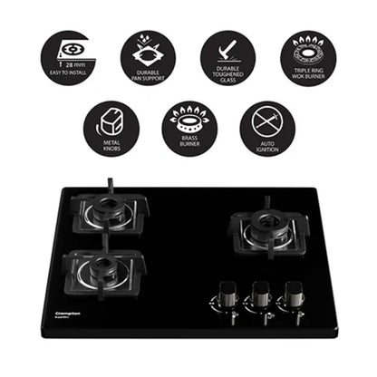 Crompton 60 cm 3 Burner Cooktop Superslim TAB-SUHB603-MBL