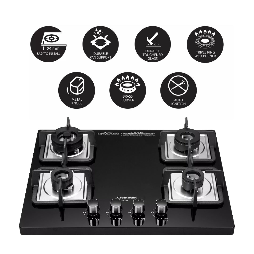 Crompton 65 cm 4 Burner Cooktop Superslim TAB-SUHB654-MBL