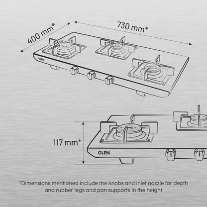 Glen 73 cm 3 Burner Cooktop Ultra Tuff Series ULTRA TUFF 1053 UT SS 73