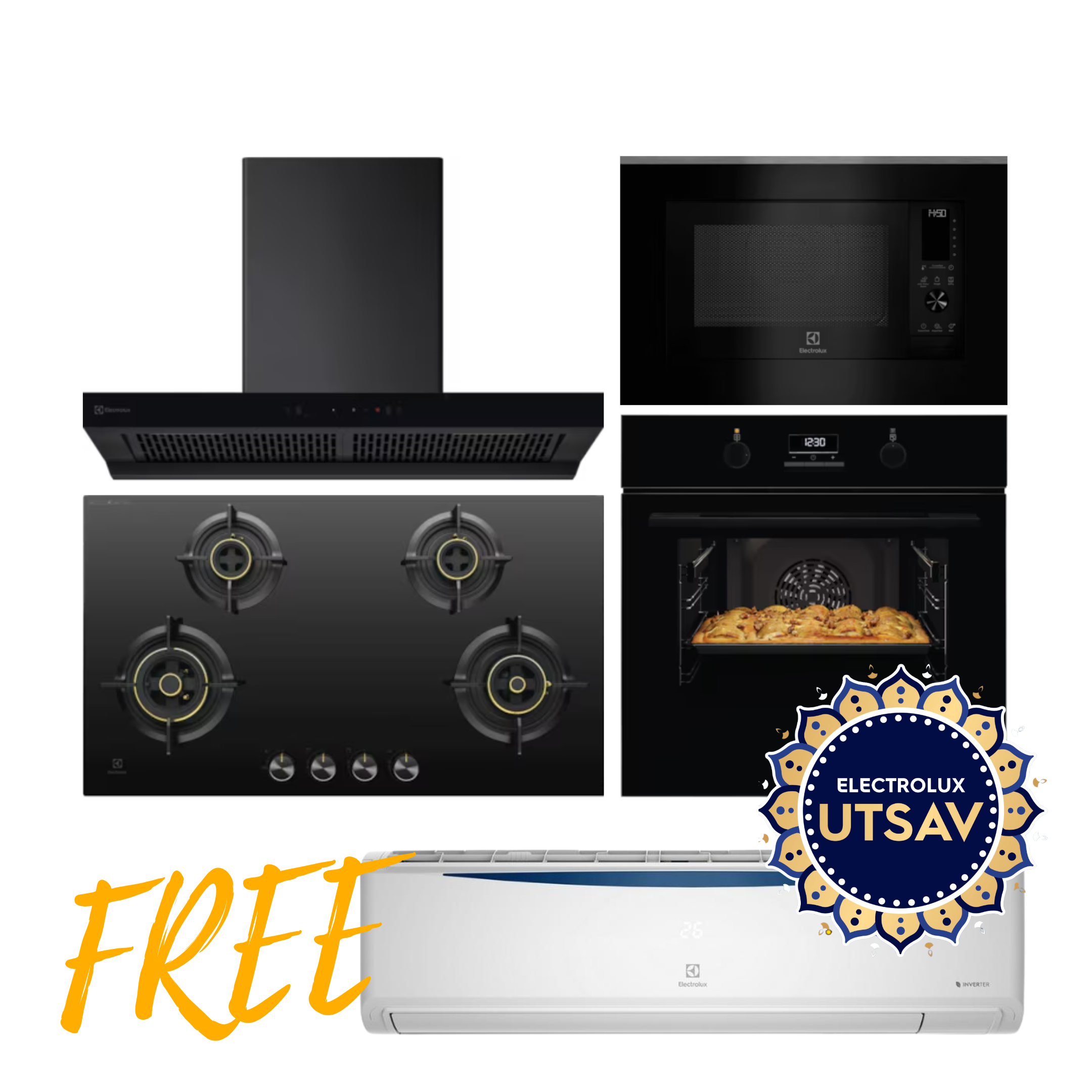 Electrolux Oven UltimateTaste 500 KOD3H50BK + Microwave with Air Fryer UltimateTaste 900 EMSB30XCF + Chimney UltimateTaste 700 Series ECT9841KB + Hob UltimateTaste 300 EHG9430BCI with Free AC
