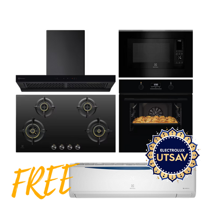 Electrolux Oven UltimateTaste 500 KOD3H50BK + Microwave with Air Fryer UltimateTaste 900 EMSB30XCF + Chimney UltimateTaste 700 Series ECT9841KB + Hob UltimateTaste 300 EHG9430BCI with Free AC