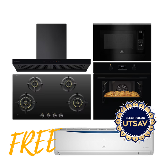 Electrolux Oven UltimateTaste 500 KOD3H50BK + Microwave with Air Fryer UltimateTaste 900 EMSB30XCF + Chimney UltimateTaste 700 Series ECT9841KB + Hob UltimateTaste 300 EHG9430BCI with Free AC