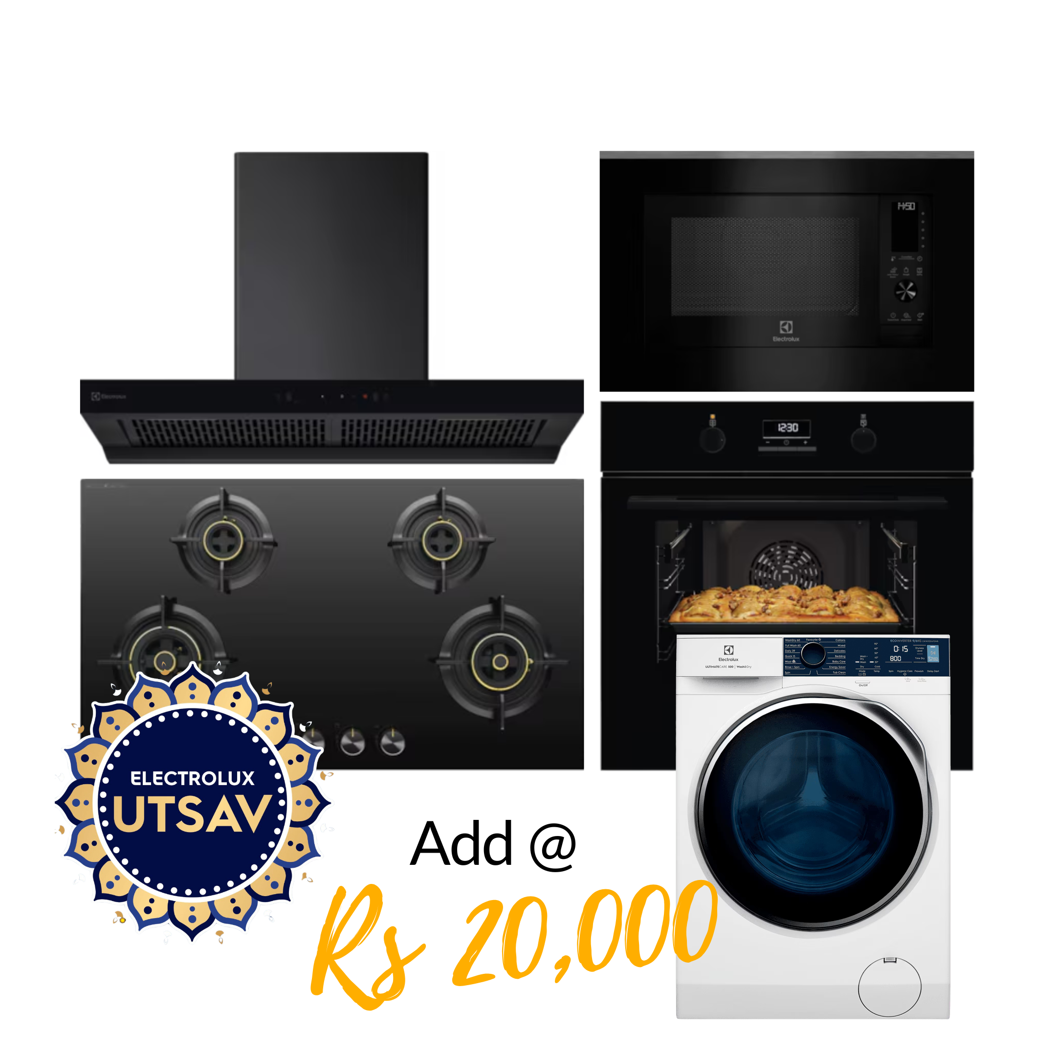 Electrolux Oven UltimateTaste 500 KOD3H50BK + Microwave with Air Fryer UltimateTaste 900 EMSB30XCF + Chimney UltimateTaste 700 Series ECT9841KB + Hob UltimateTaste 300 EHG9430BCI with Festive Price Washer Dryer