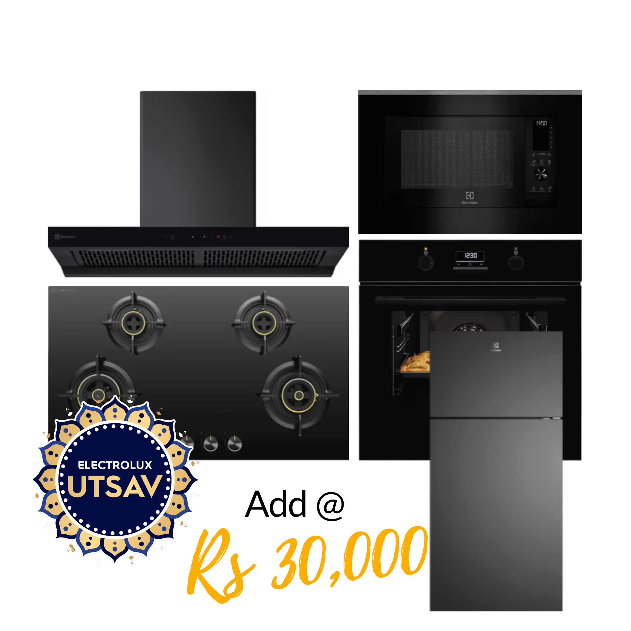 Electrolux Oven UltimateTaste 500 KOD3H50BK + Microwave with Air Fryer UltimateTaste 900 EMSB30XCF + Chimney UltimateTaste 700 Series ECT9841KB + Hob UltimateTaste 300 EHG9430BCI with Festive Price Refridgerator