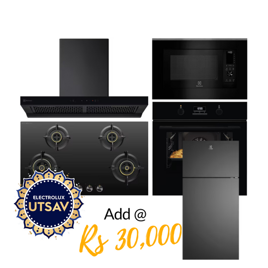 Electrolux Oven UltimateTaste 500 KOD3H50BK + Microwave with Air Fryer UltimateTaste 900 EMSB30XCF + Chimney UltimateTaste 700 Series ECT9841KB + Hob UltimateTaste 300 EHG9430BCI with Festive Price Refridgerator