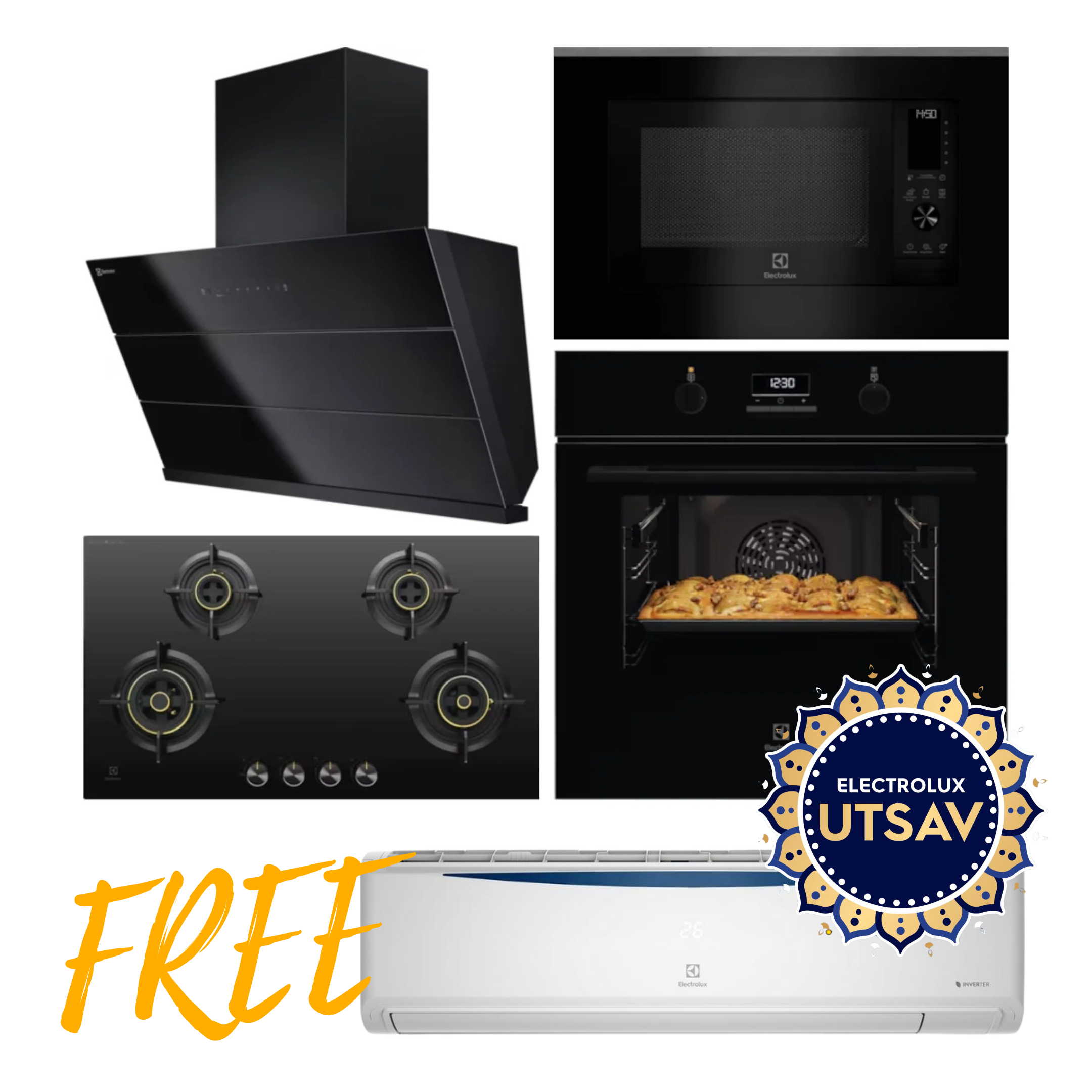 Electrolux Oven UltimateTaste 500 KOD3H50BK + Microwave with Air Fryer UltimateTaste 900 EMSB30XCF + Chimney UltimateTaste 700 Series ECS9941GB + Hob UltimateTaste 300 EHG9430BCI with Free AC