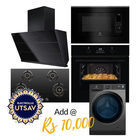 Electrolux Oven UltimateTaste 500 KOD3H50BK + Microwave with Air Fryer UltimateTaste 900 EMSB30XCF + Chimney UltimateTaste 700 Series ECS9941GB + Hob UltimateTaste 300 EHG9430BCI with Festive Price Washing Machine