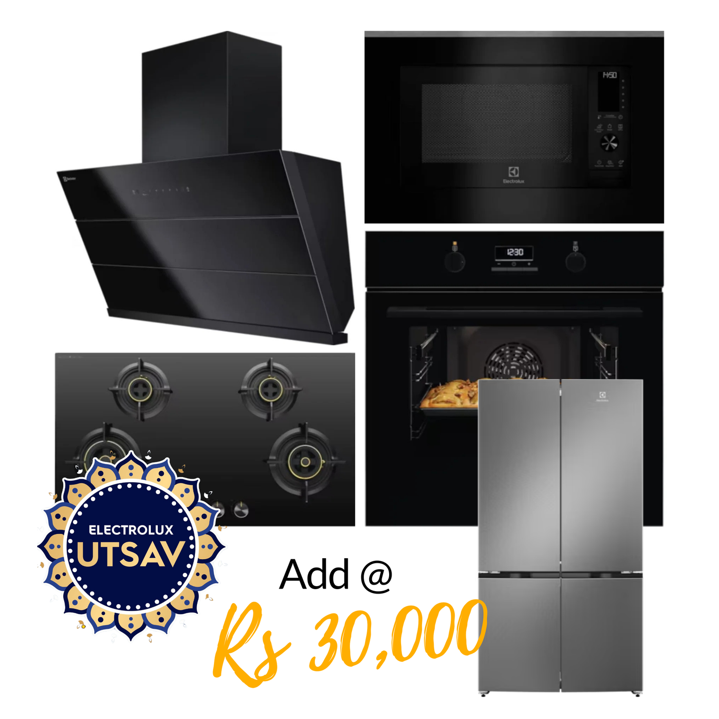 Electrolux Oven UltimateTaste 500 KOD3H50BK + Microwave with Air Fryer UltimateTaste 900 EMSB30XCF + Chimney UltimateTaste 700 Series ECS9932KB + Hob UltimateTaste 300 EHG9430BCI with Festive Price Refrigerator