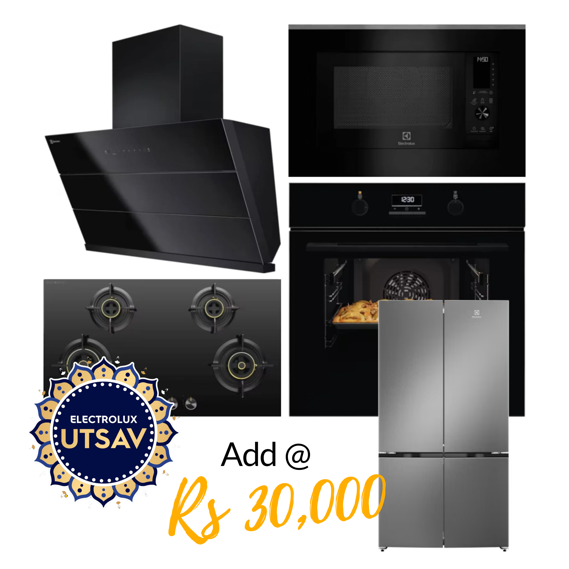 Electrolux Oven UltimateTaste 500 KOD3H50BK + Microwave with Air Fryer UltimateTaste 900 EMSB30XCF + Chimney UltimateTaste 700 Series ECS9932KB + Hob UltimateTaste 300 EHG9430BCI with Festive Price Refrigerator