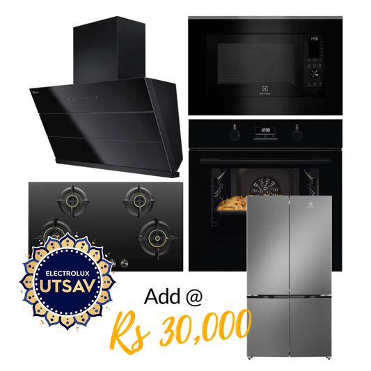 Electrolux Oven UltimateTaste 500 KOD3H50BK + Microwave with Air Fryer UltimateTaste 900 EMSB30XCF + Chimney UltimateTaste 700 Series ECS9932KB + Hob UltimateTaste 300 EHG9430BCI with Festive Price Refrigerator