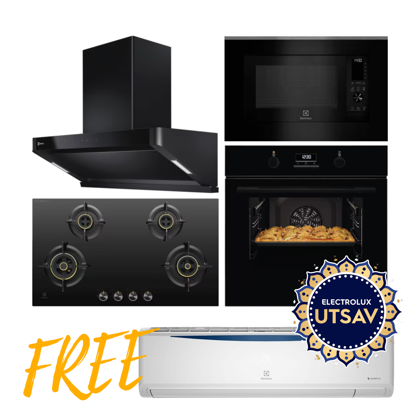 Electrolux Oven UltimateTaste 500 KOD3H50BK + Microwave with Air Fryer UltimateTaste 900 EMSB30XCF + Chimney UltimateTaste 700 Series ECS9939KB + Hob UltimateTaste 300 EHG9430BCI with Free AC
