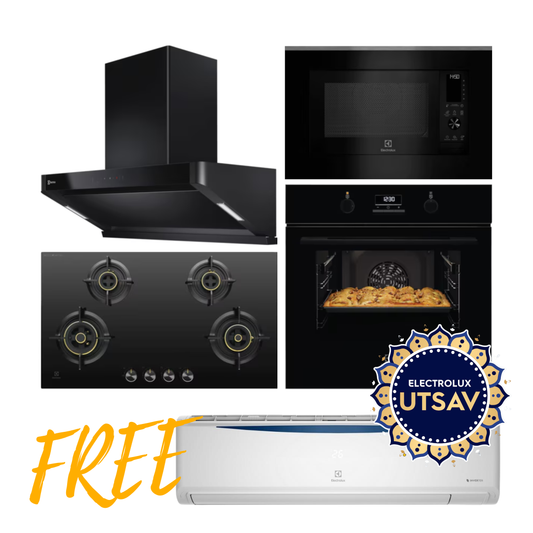 Electrolux Oven UltimateTaste 500 KOD3H50BK + Microwave with Air Fryer UltimateTaste 900 EMSB30XCF + Chimney UltimateTaste 700 Series ECS9939KB + Hob UltimateTaste 300 EHG9430BCI with Free AC