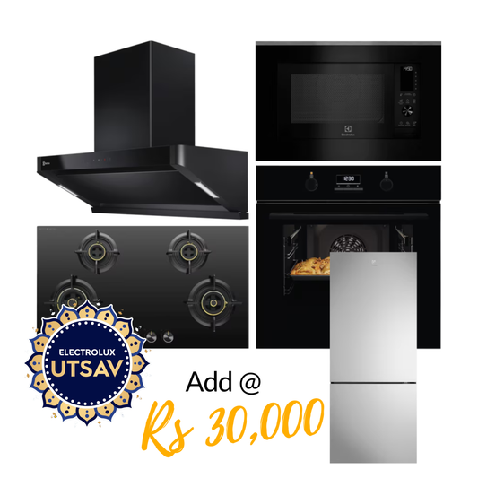 Electrolux Oven UltimateTaste 500 KOD3H50BK + Microwave with Air Fryer UltimateTaste 900 EMSB30XCF + Chimney UltimateTaste 700 Series ECS9939KB + Hob UltimateTaste 300 EHG9430BCI with Festive Price Refridgerator