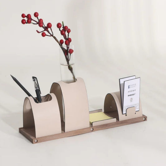 Elegant Efficiency Leather, Walnut & Glass Office Table Organizer
