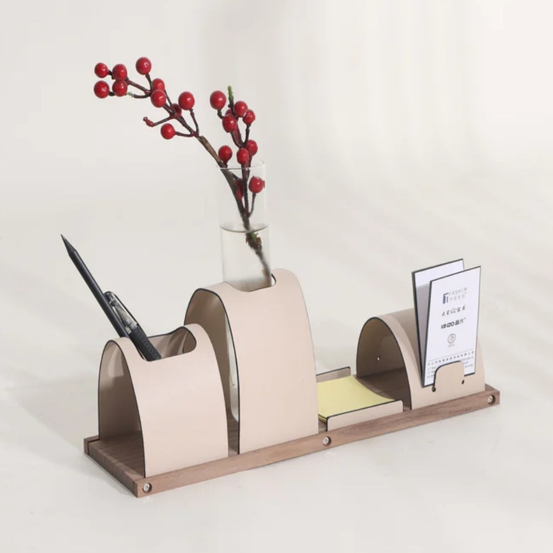 Elegant Efficiency Leather, Walnut & Glass Office Table Organizer