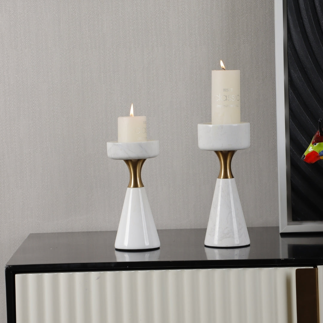 Luminous Serenity White Marble & Aluminum Candle Holder