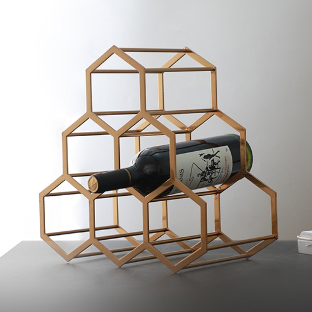 The Hexagonal Elegance Antique Brass Wine Rack only on Decure.in