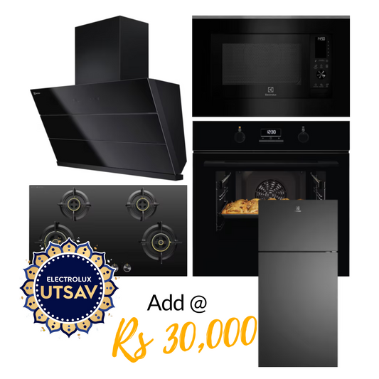 Electrolux Oven UltimateTaste 500 KOD3H50BK + Microwave with Air Fryer UltimateTaste 900 EMSB30XCF + Chimney UltimateTaste 700 Series ECS9941GB + Hob UltimateTaste 300 EHG9430BCI with Festive Price Refridgerator