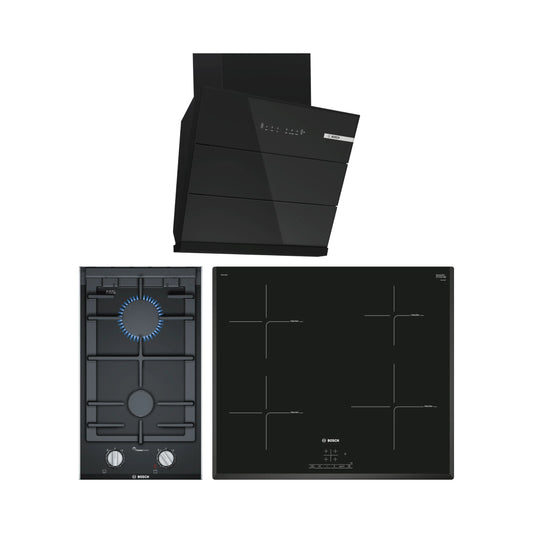 Bosch 60 cm Wall Mounted Chimney DWK68IJ60I + Bosch 30 cm 2 Burner Hob PRB3A6D70I + Bosch 4 Zones Induction Hob PIE651BB5I