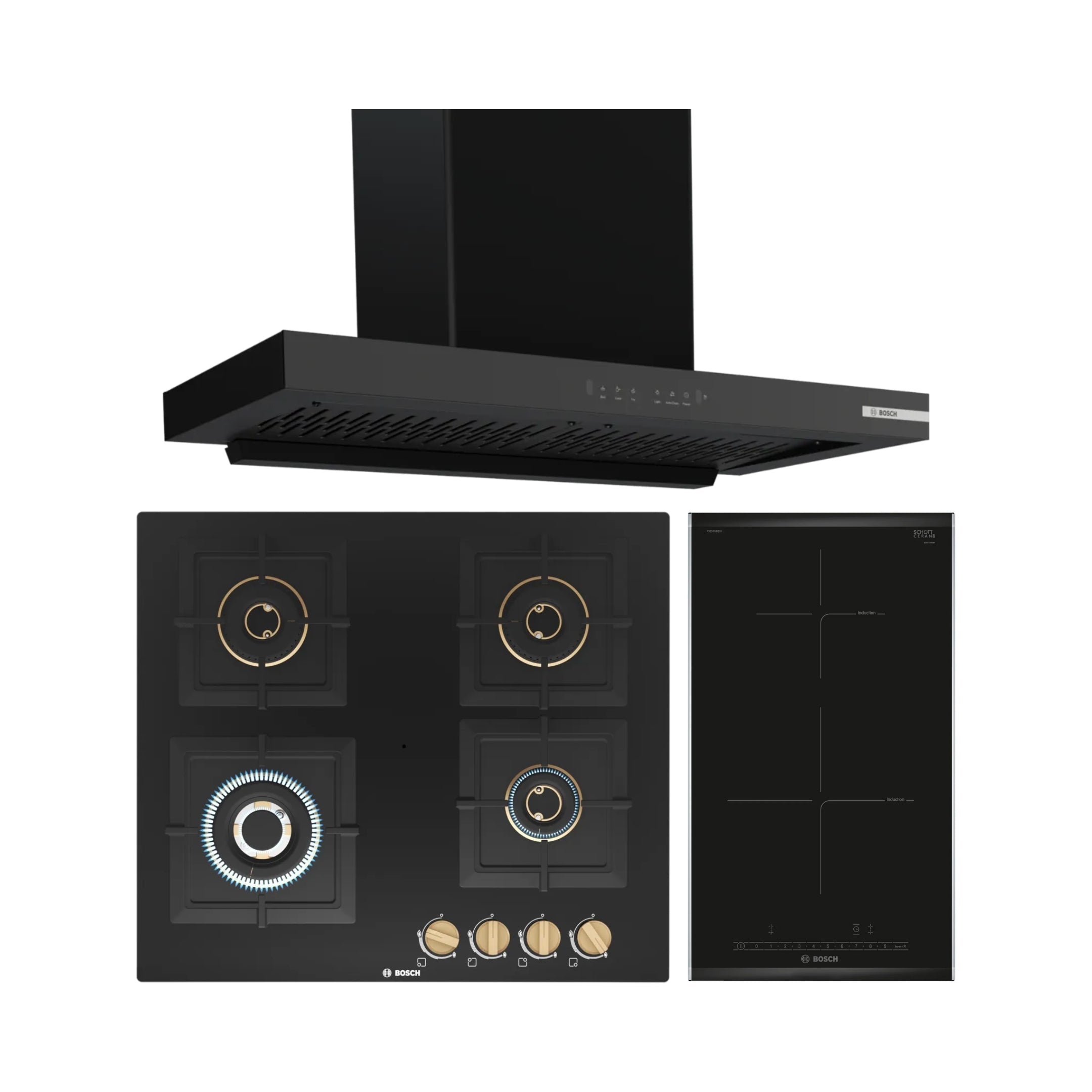 Bosch 90 cm Wall Mounted Chimney DWB98IJ60I + Bosch 60 cm 4 Burner Hob True Brass 2D PNH6B6F20I + Bosch 2 Zones Induction Hob PIB375FB5I