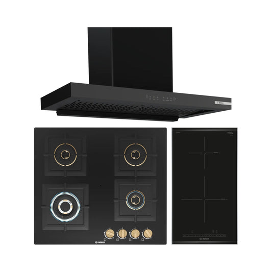 Bosch 90 cm Wall Mounted Chimney DWB98IJ60I + Bosch 60 cm 4 Burner Hob True Brass 2D PNH6B6F20I + Bosch 2 Zones Induction Hob PIB375FB5I